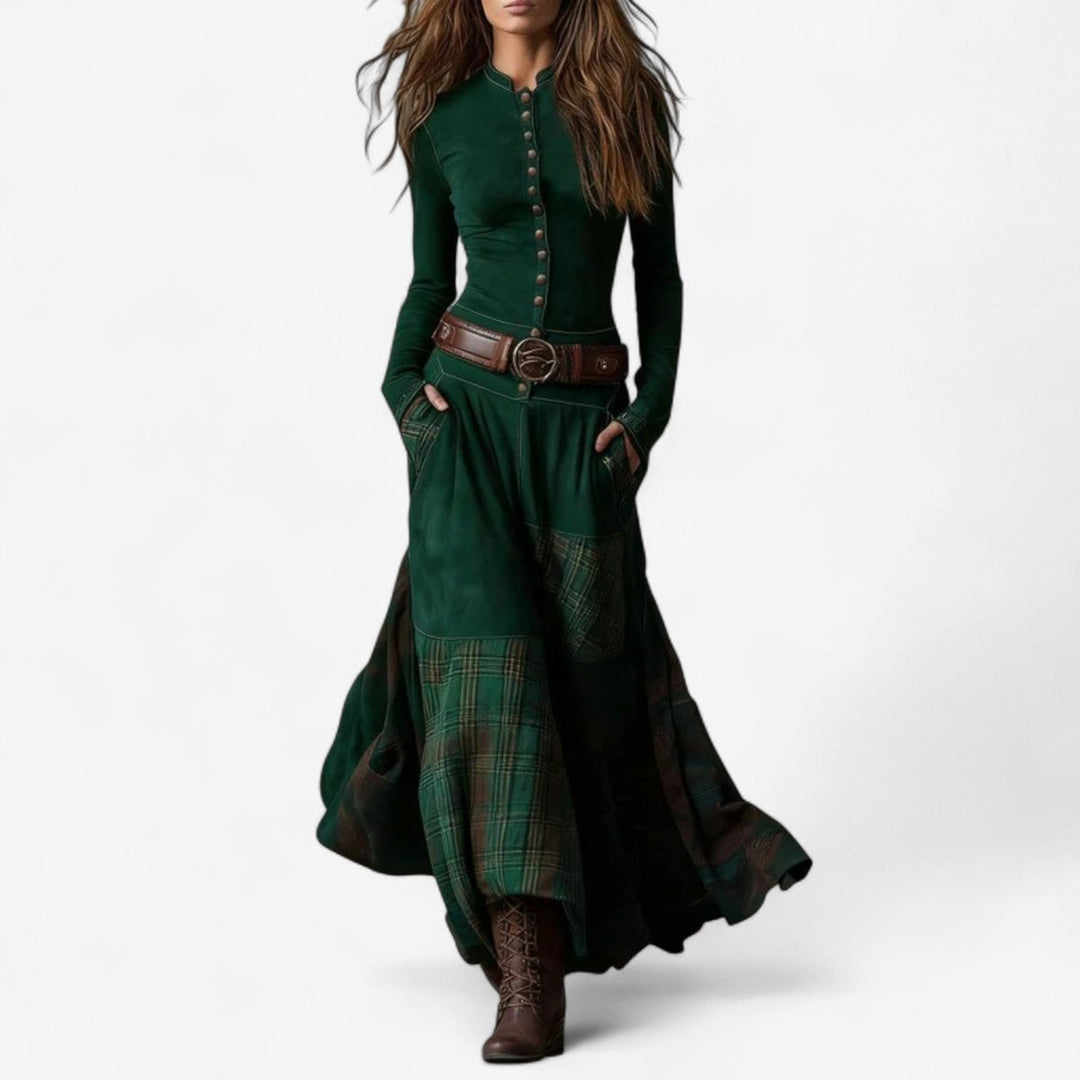 Women's Patchwork Plaid Flared Maxi Long Sleeve Dress - Green