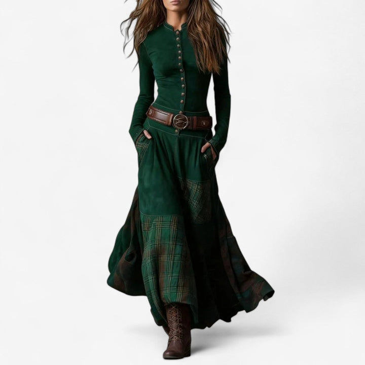Women's Patchwork Plaid Flared Maxi Long Sleeve Dress - Green