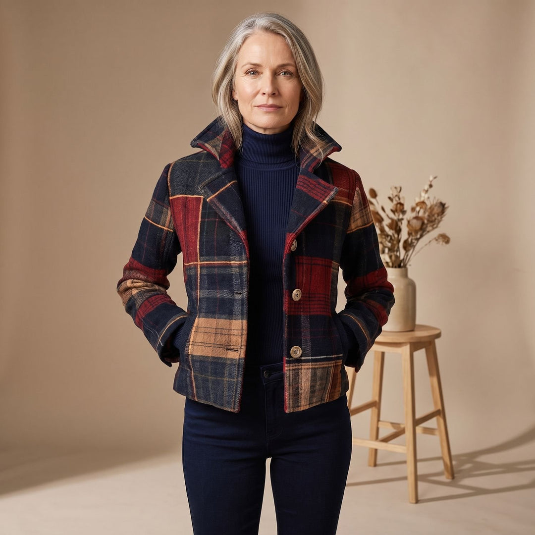 Women's Patchwork Plaid Tailored Button-Front Jacket