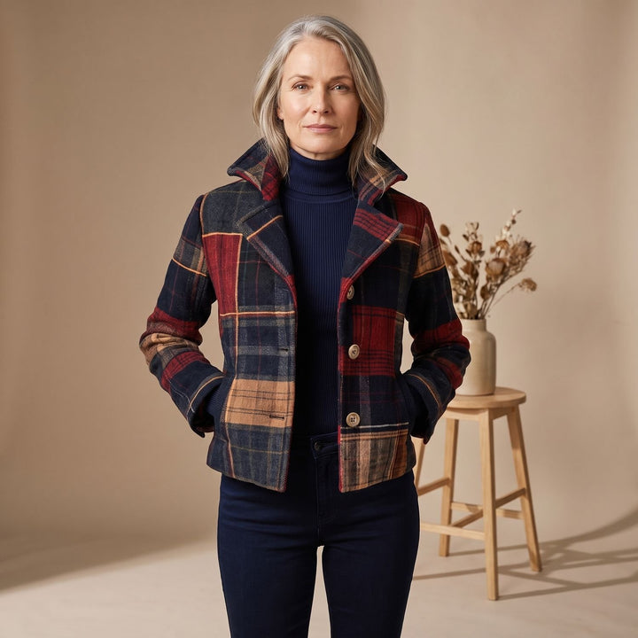 Women's Patchwork Plaid Tailored Button-Front Jacket