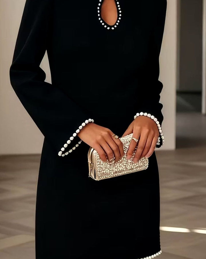 Women's Pearl-Trim Long Sleeve Keyhole Mini Dress