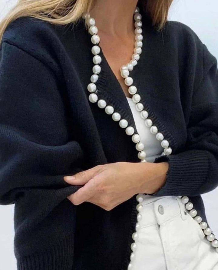 Women's Pearl-Trim Open-Front Knit Cardigan Sweater - Black
