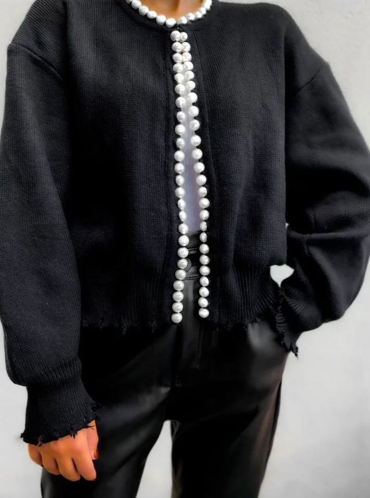 Women's Pearl-Trim Open-Front Knit Cardigan Sweater