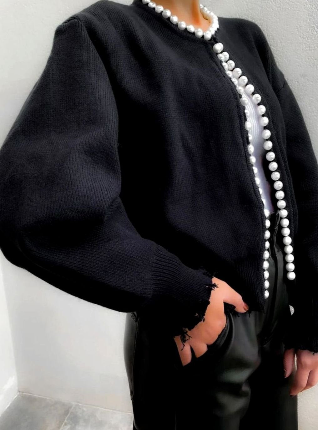 Women's Pearl-Trim Open-Front Knit Cardigan Sweater