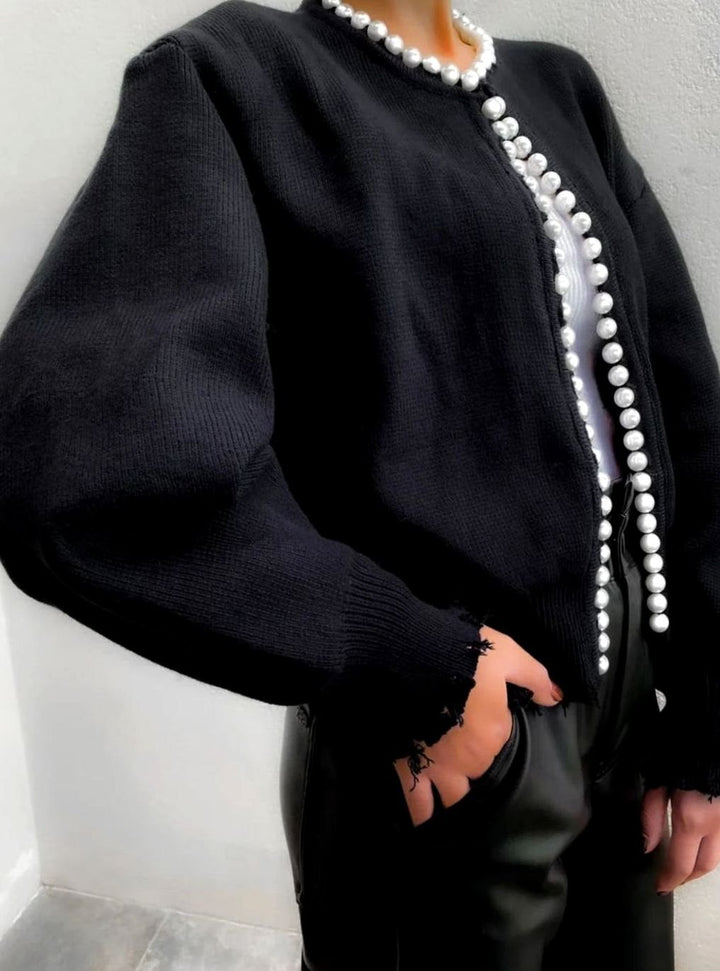 Women's Pearl-Trim Open-Front Knit Cardigan Sweater