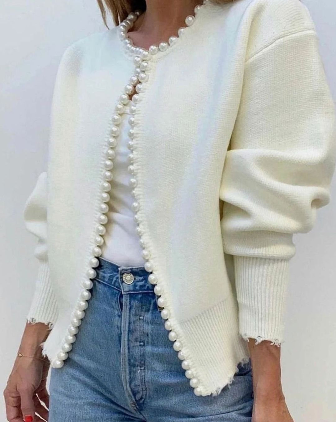 Women's Pearl-Trim Open-Front Knit Cardigan Sweater - White