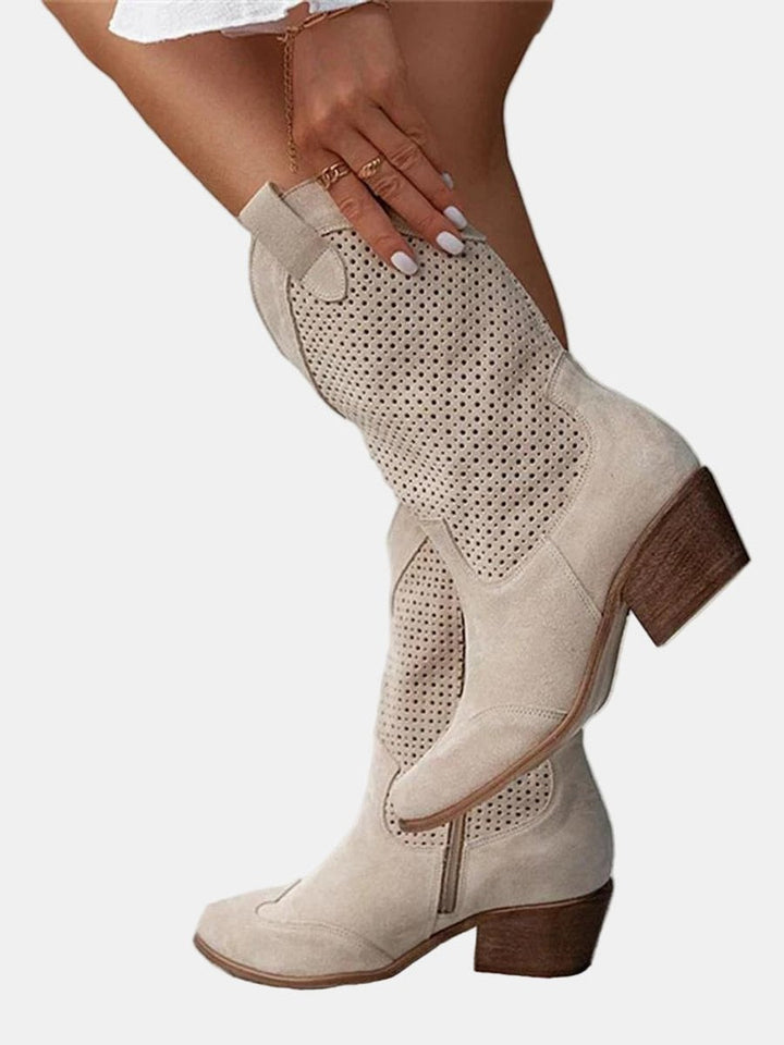 Women's Perforated Suede Knee High Boots Block Heel Western - Beige