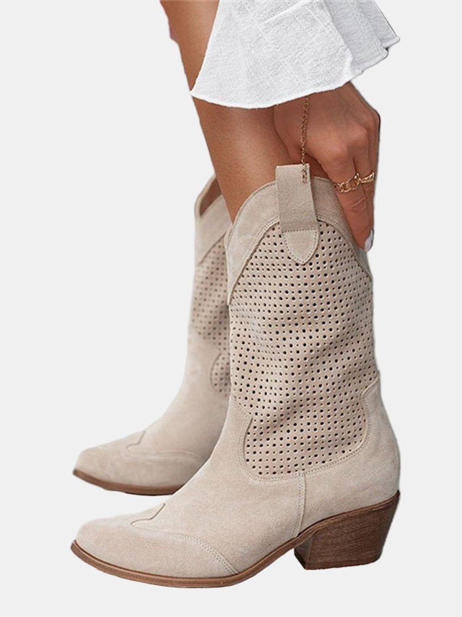 Women's Perforated Suede Knee High Boots Block Heel Western