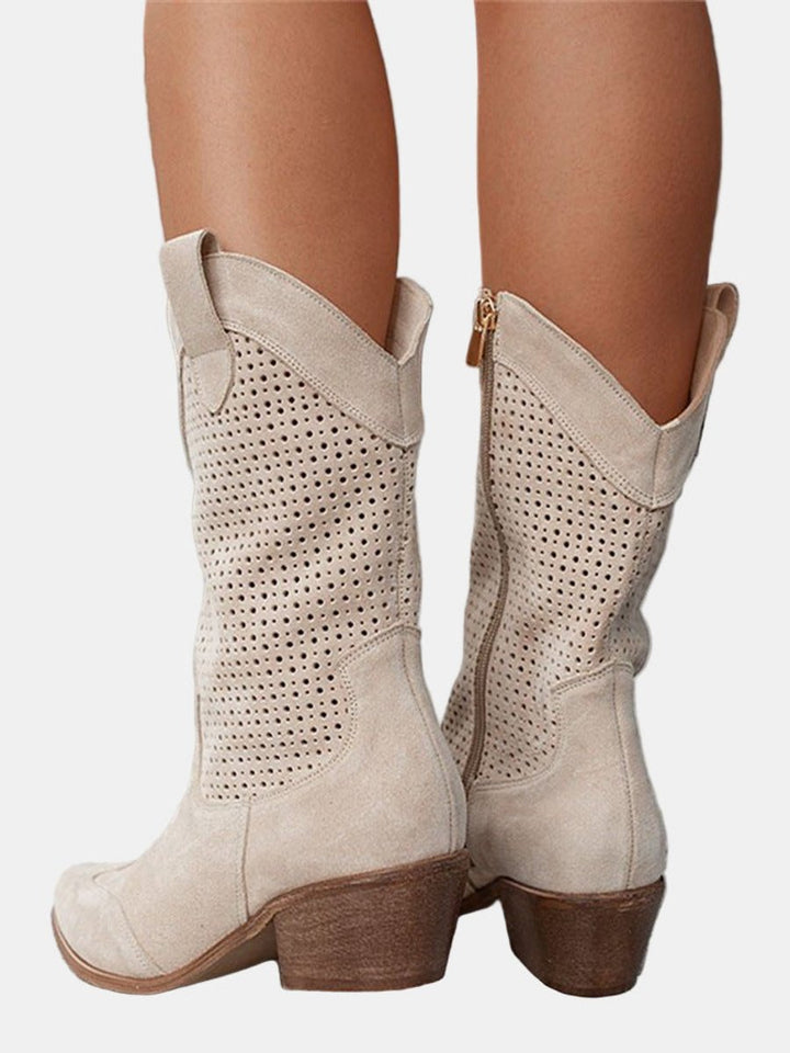 Women's Perforated Suede Knee High Boots Block Heel Western