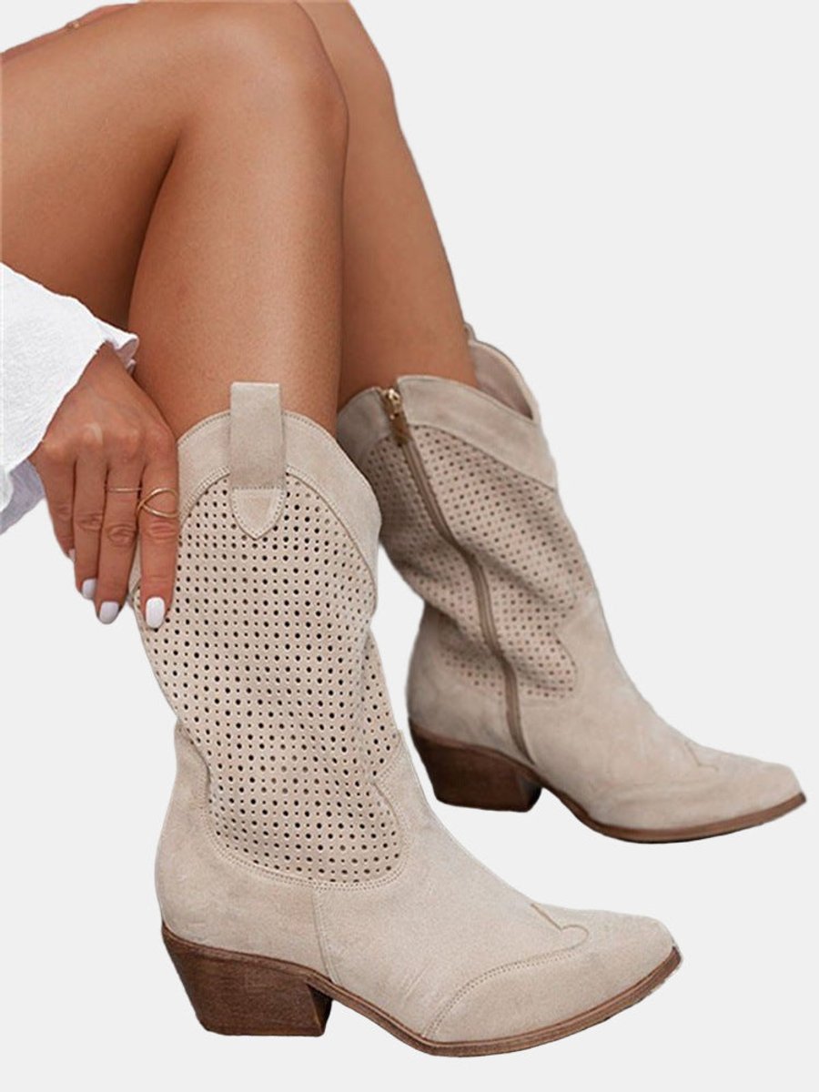 Women's Perforated Suede Knee High Boots Block Heel Western