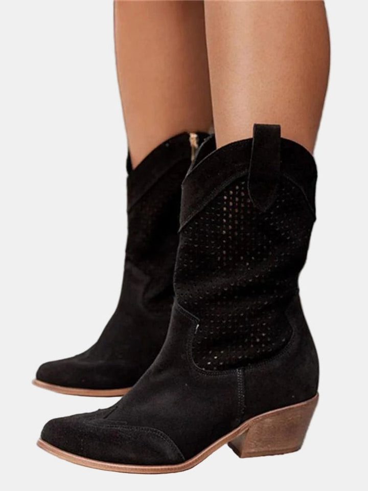 Women's Perforated Suede Knee High Boots Block Heel Western - Black