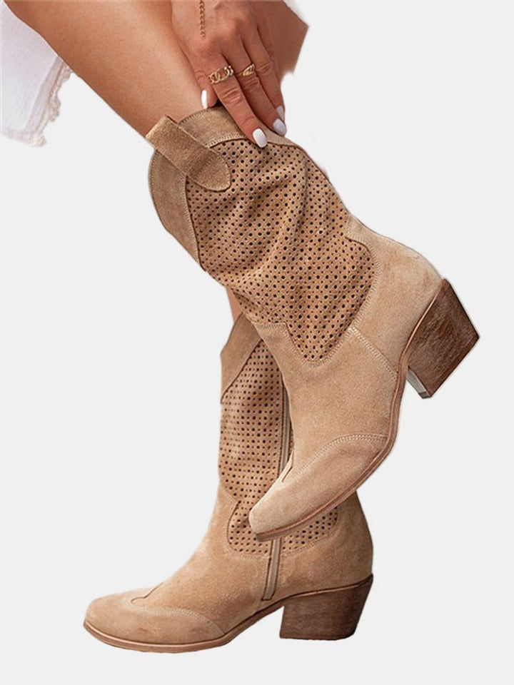 Women's Perforated Suede Knee High Boots Block Heel Western