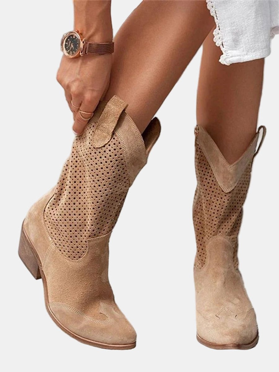 Women's Perforated Suede Knee High Boots Block Heel Western - Brown