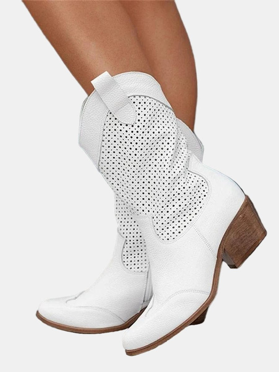 Women's Perforated Suede Knee High Boots Block Heel Western - White