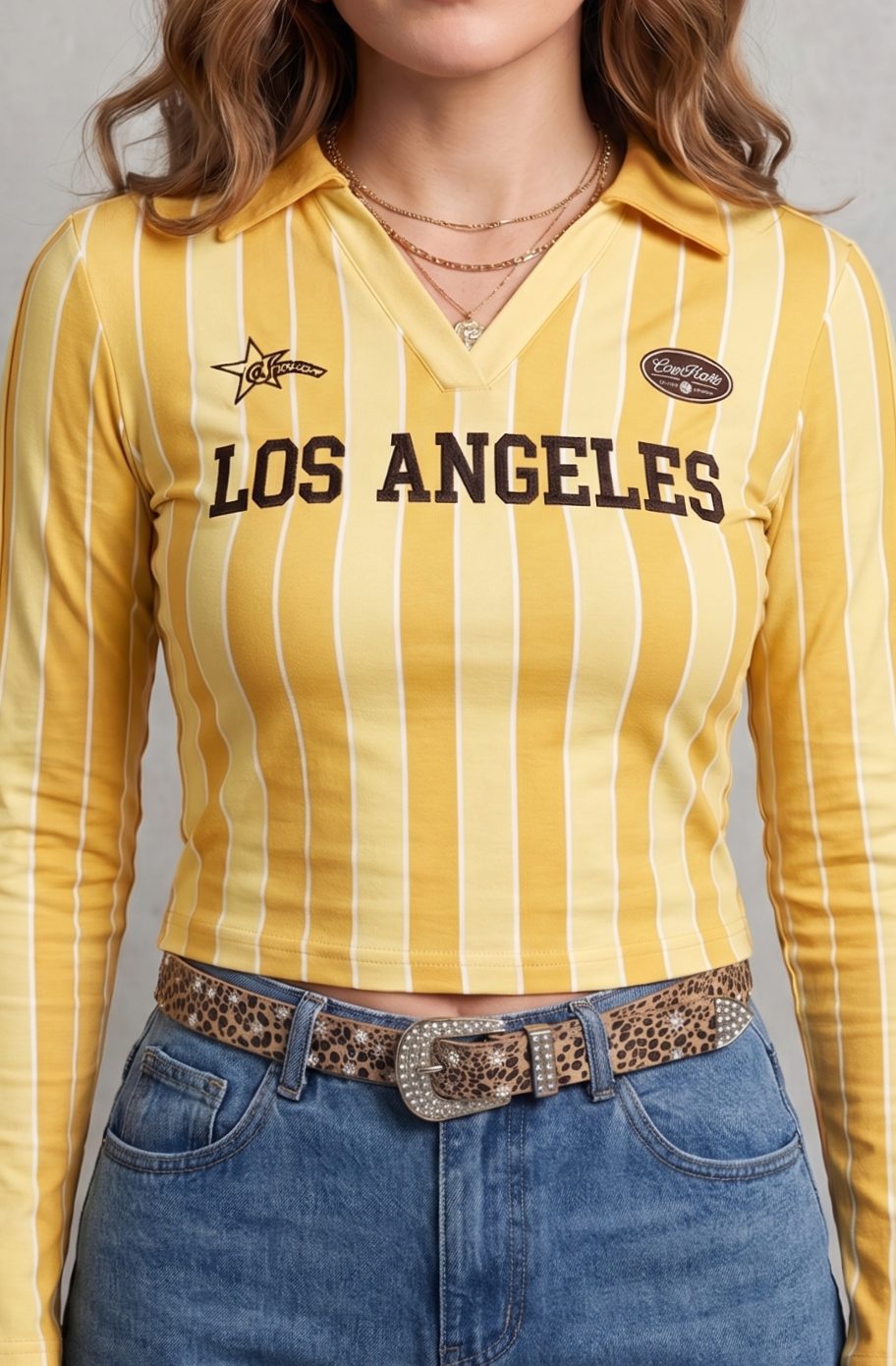 Women's Pinstripe Graphic Cropped Long-Sleeve Collared Top - Yellow