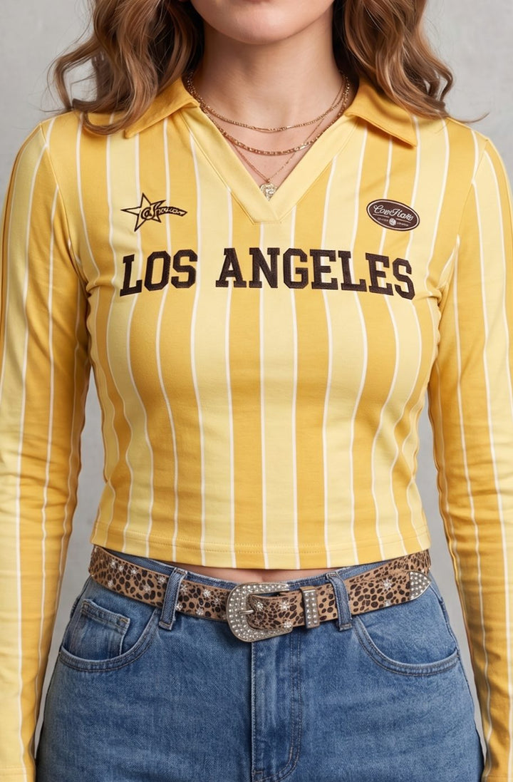 Women's Pinstripe Graphic Cropped Long-Sleeve Collared Top - Yellow