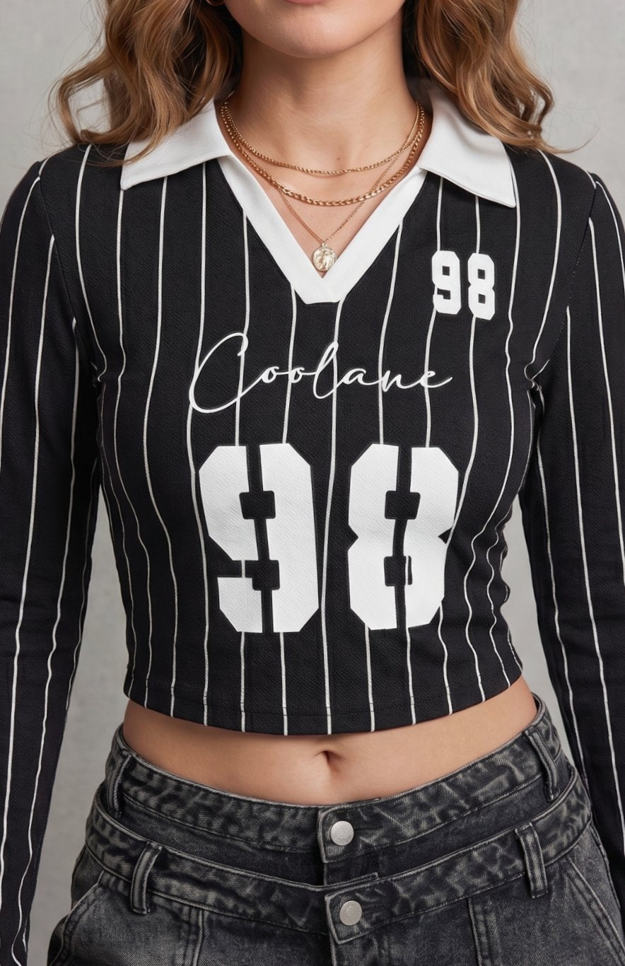 Women's Pinstripe Graphic Cropped Long-Sleeve Collared Top - Black & White