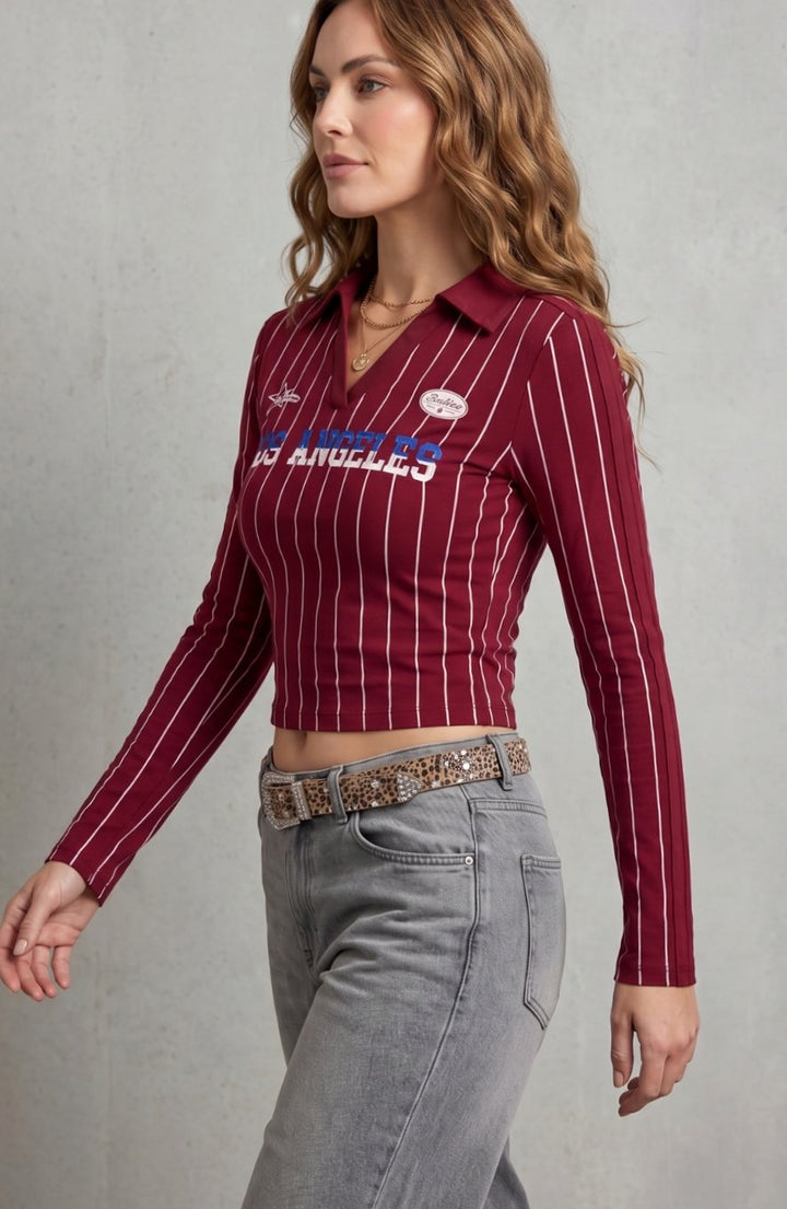 Women's Pinstripe Graphic Cropped Long-Sleeve Collared Top