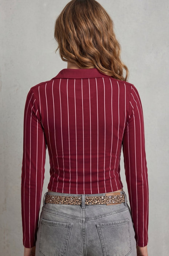 Women's Pinstripe Graphic Cropped Long-Sleeve Collared Top