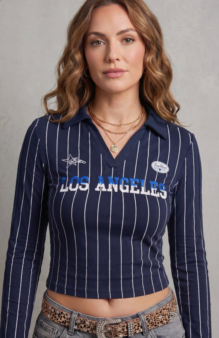 Women's Pinstripe Graphic Cropped Long-Sleeve Collared Top