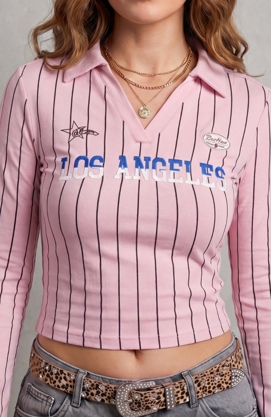 Women's Pinstripe Graphic Cropped Long-Sleeve Collared Top - Pink