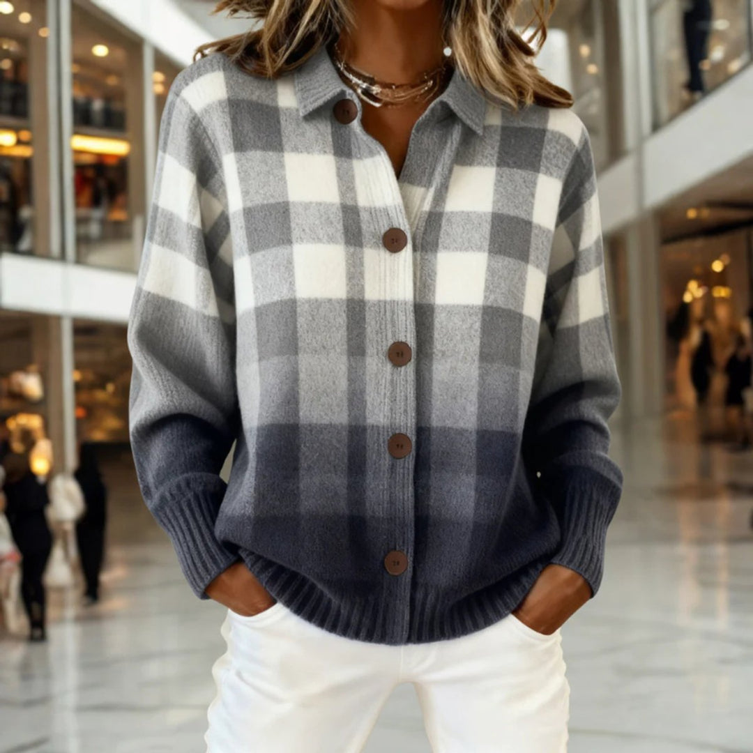 Women's Plaid Button-Down Ombre Knit Cardigan - Multicolor