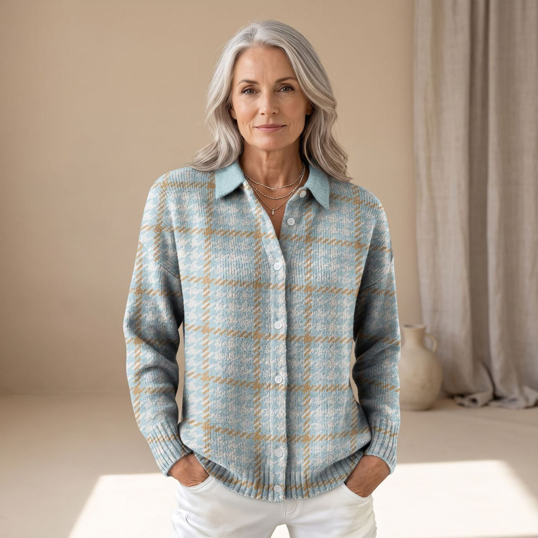 Women's Plaid Button-Front Long-Sleeve Knit Sweater - Sky Blue