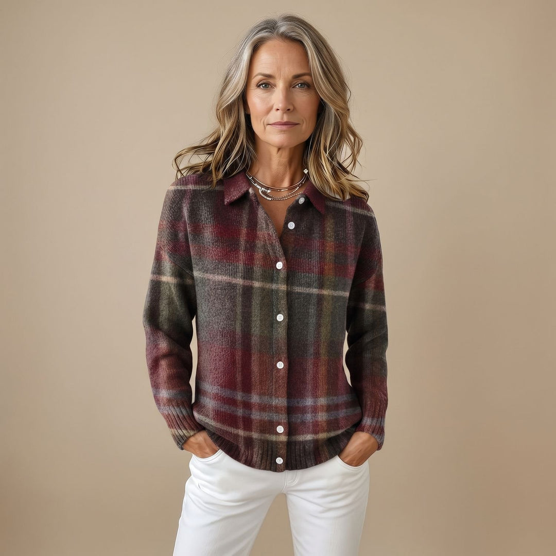 Women's Plaid Knit Button-Down Collared Cardigan - Multicolor