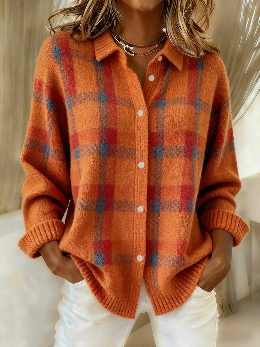 Women's Plaid Knit Button-Down Oversized Jacket Cardigan - Orange