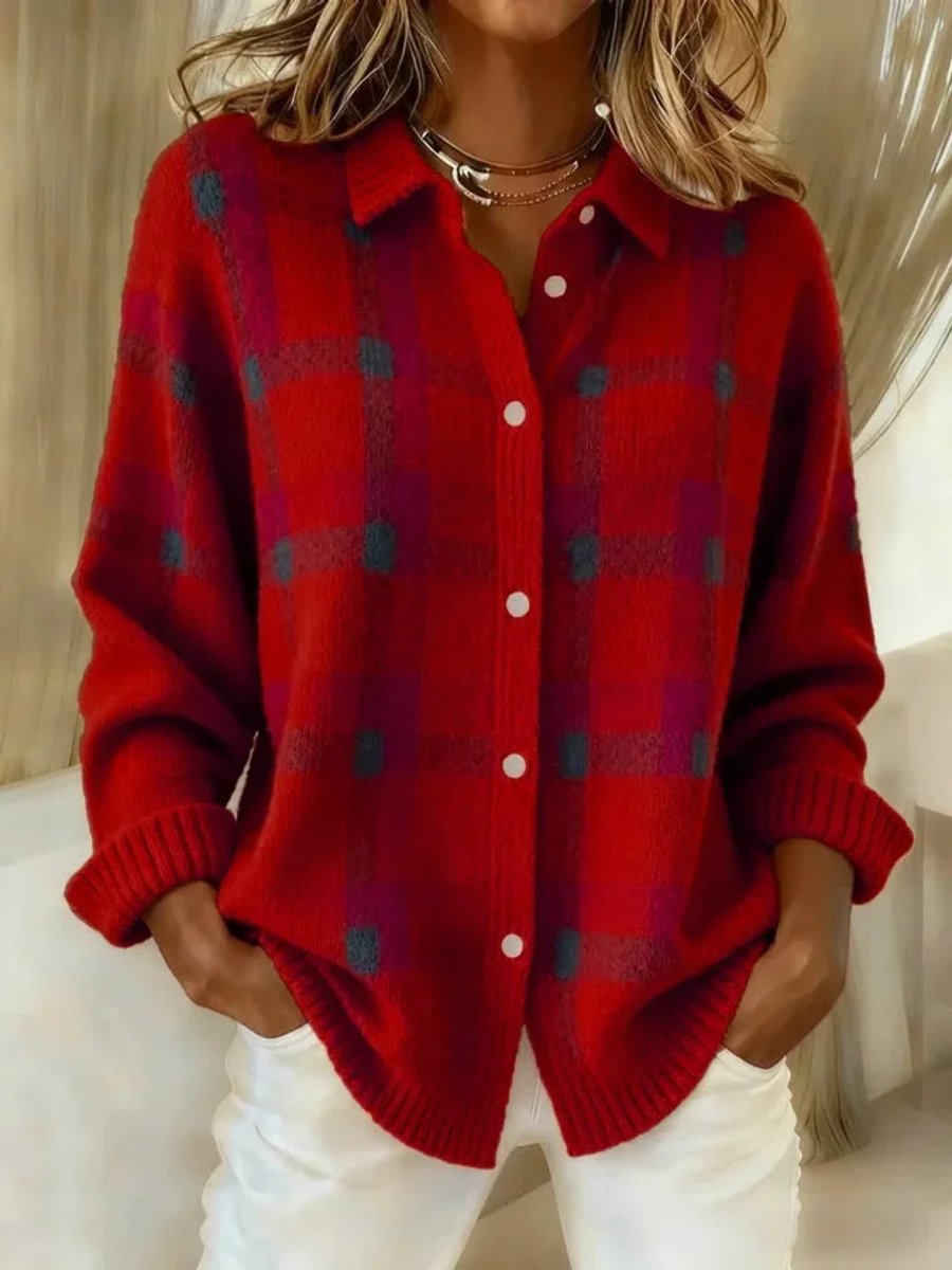 Women's Plaid Knit Button-Down Oversized Jacket Cardigan - Red