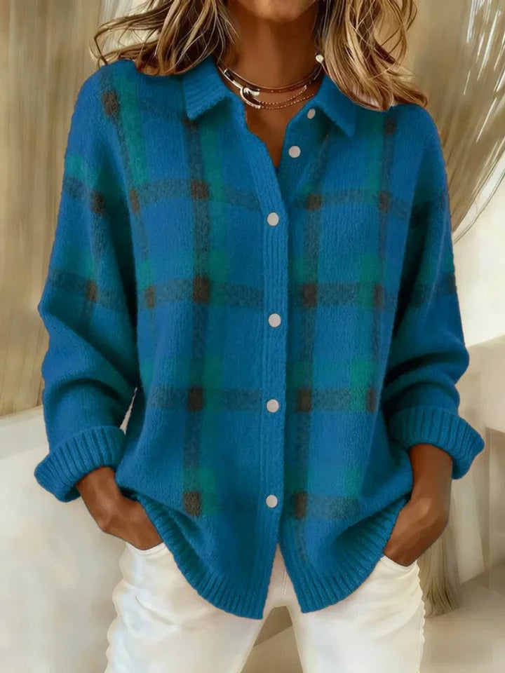 Women's Plaid Knit Button-Down Oversized Jacket Cardigan - Blue