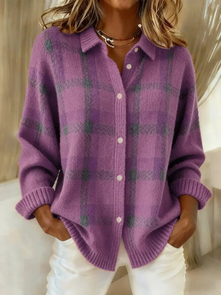 Women's Plaid Knit Button-Down Oversized Jacket Cardigan - Purple