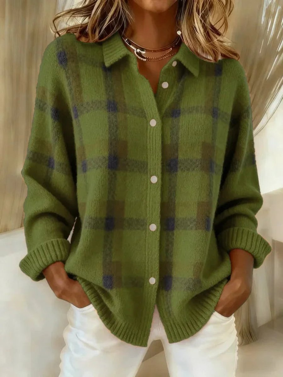 Women's Plaid Knit Button-Down Oversized Jacket Cardigan - Green