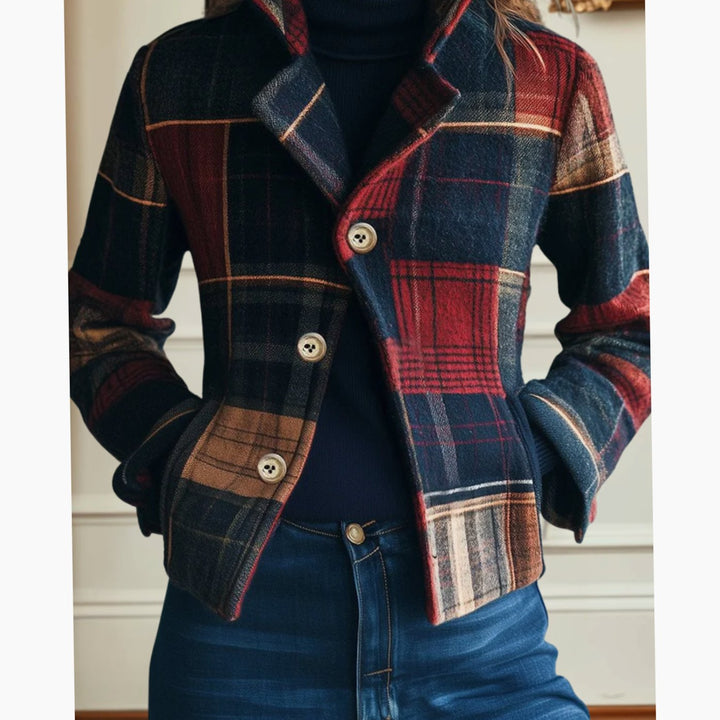 Women's Plaid Patchwork Single-Breasted Winter Coat Jacket - Multicolored