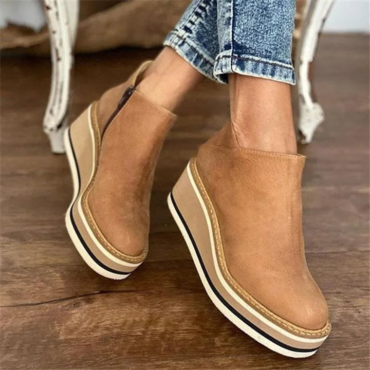 Women's Platform Wedge Zipper Ankle Boots Round Toe - Beige