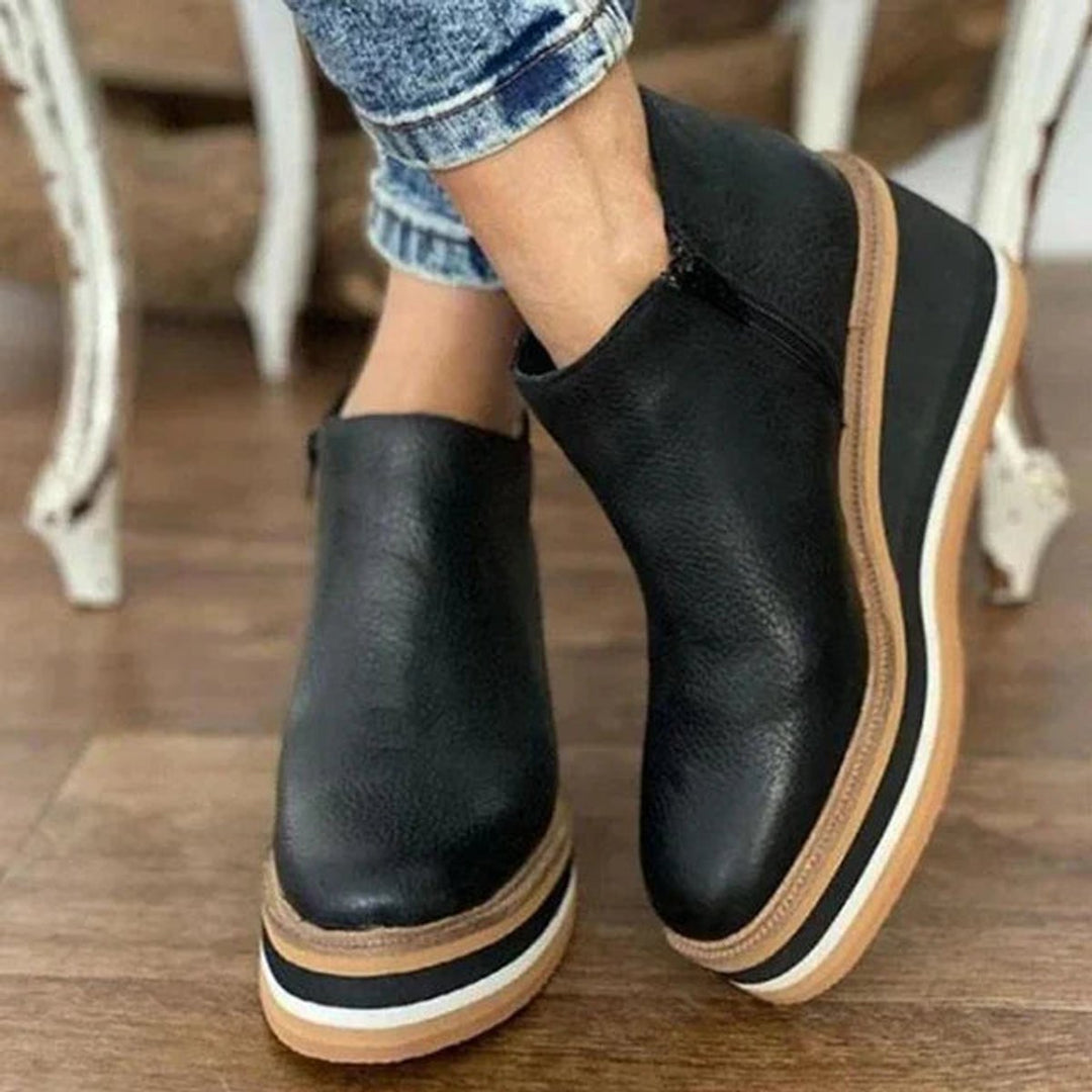 Women's Platform Wedge Zipper Ankle Boots Round Toe - Black