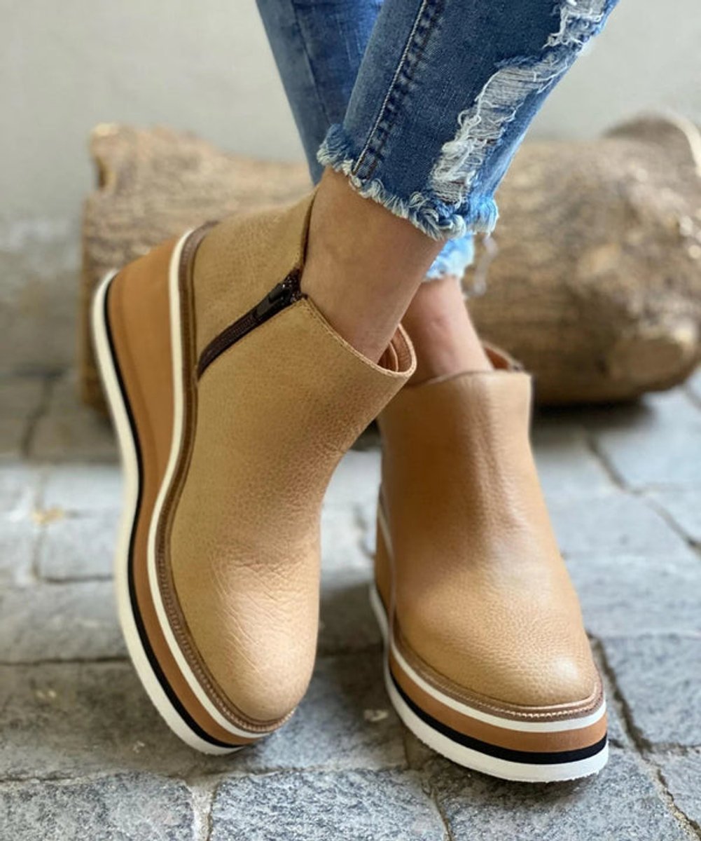 Women's Platform Wedge Zipper Ankle Boots Round Toe - Khaki