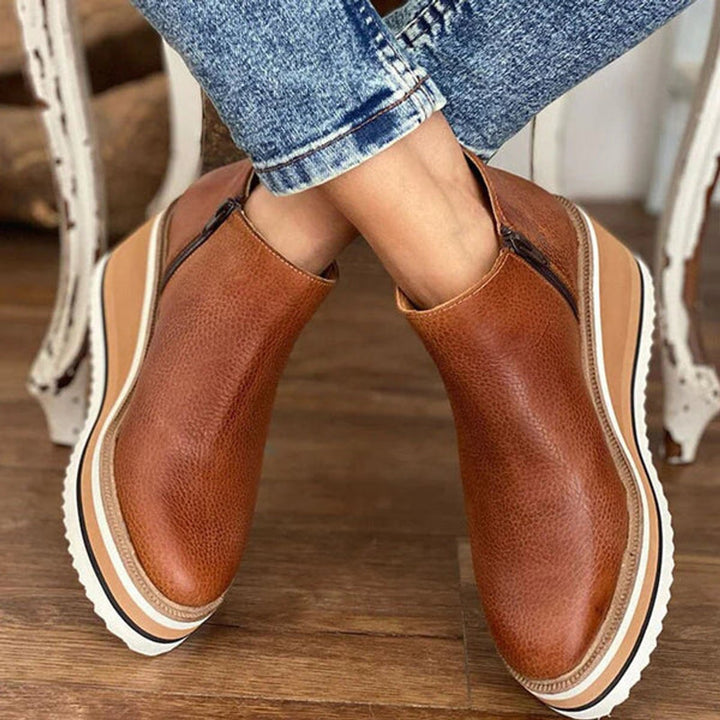 Women's Platform Wedge Zipper Ankle Boots Round Toe - Dark Brown