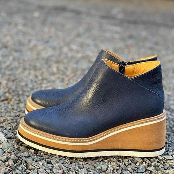 Women's Platform Wedge Zipper Ankle Boots Round Toe - Dark Blue