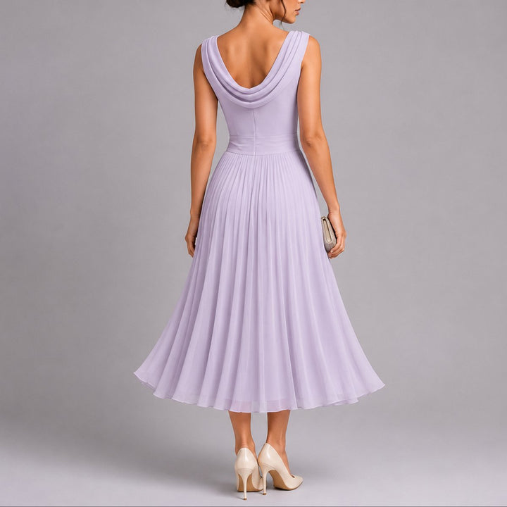 Women's Pleated Chiffon Midi Fall Wedding Guest Dress Draped Neck