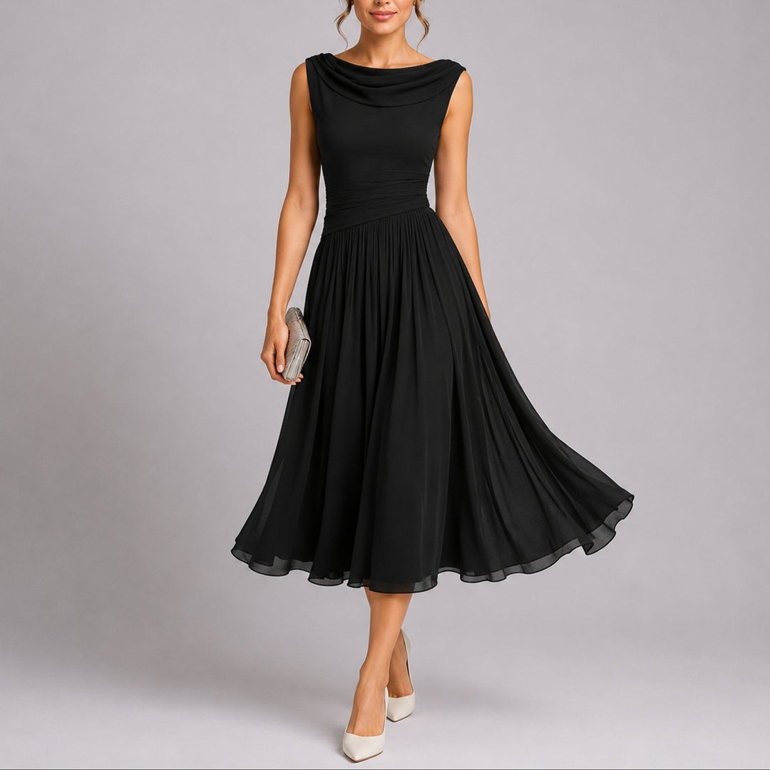 Women's Pleated Chiffon Midi Fall Wedding Guest Dress Draped Neck - Black