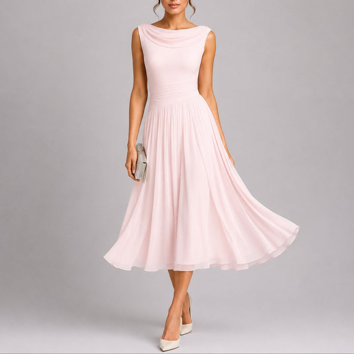 Women's Pleated Chiffon Midi Fall Wedding Guest Dress Draped Neck - Pink