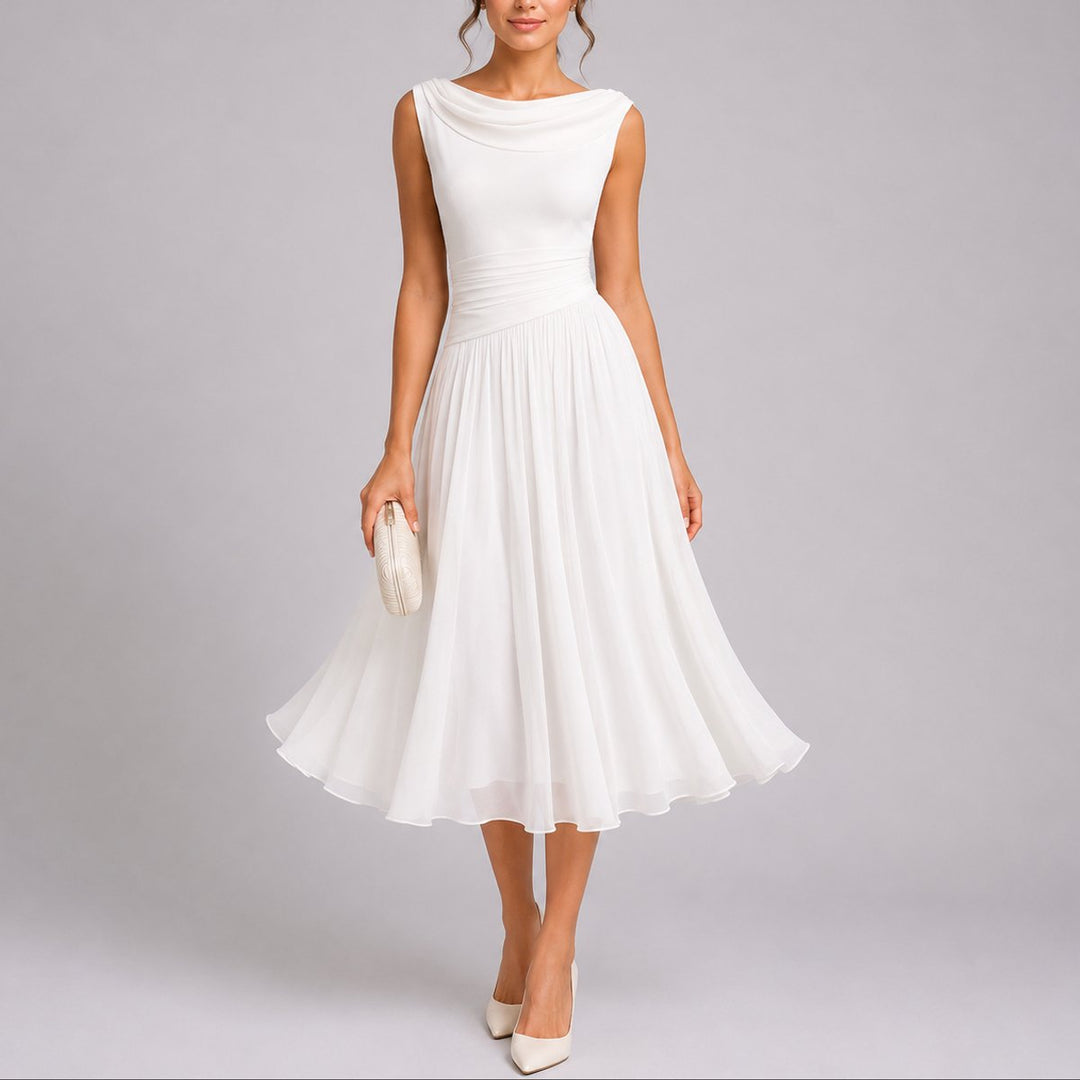 Women's Pleated Chiffon Midi Fall Wedding Guest Dress Draped Neck - White