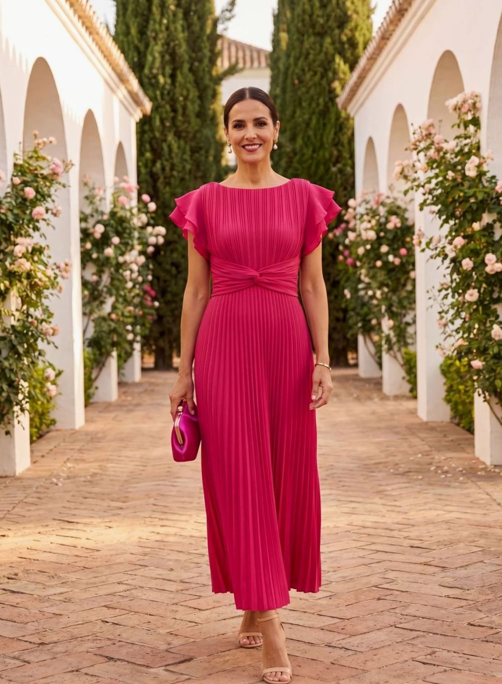 Women's Pleated Formal Wedding Guest Midi Dress - Pink