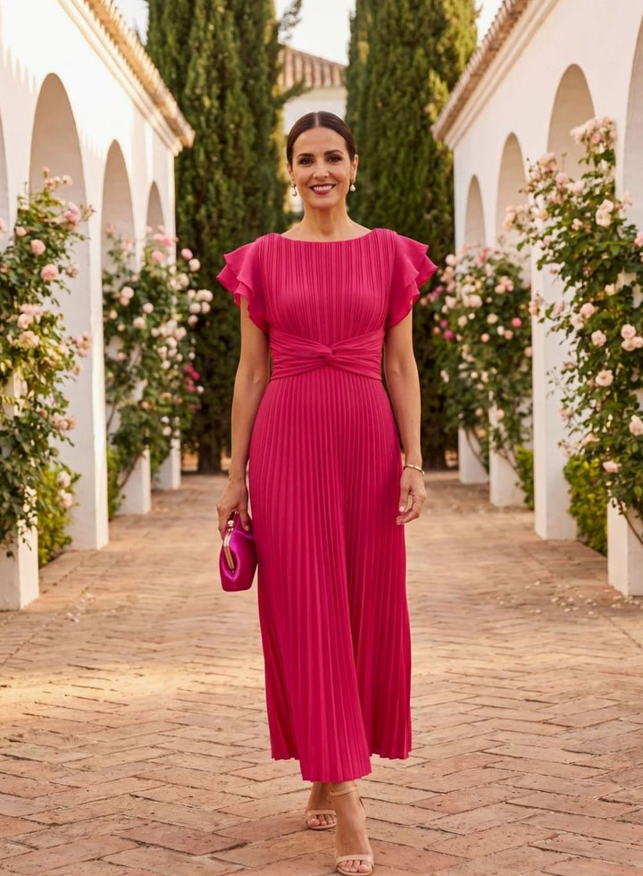 Women's Pleated Formal Wedding Guest Midi Dress - Pink