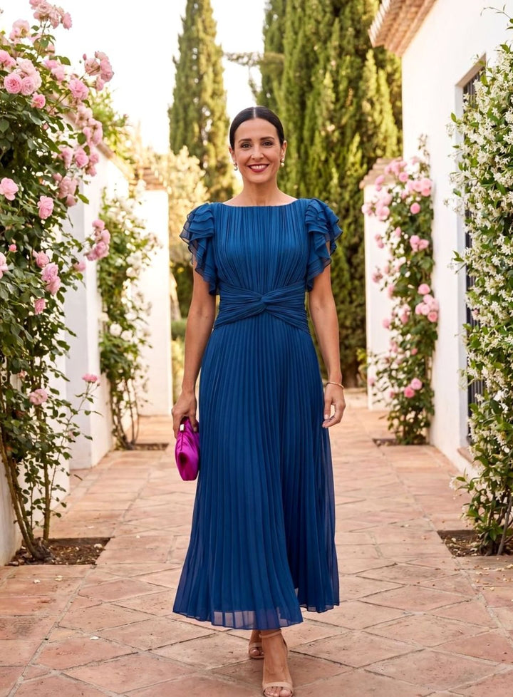 Women's Pleated Formal Wedding Guest Midi Dress - Blue