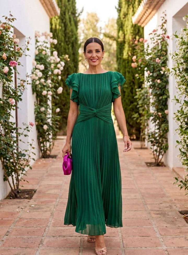 Women's Pleated Formal Wedding Guest Midi Dress - Green