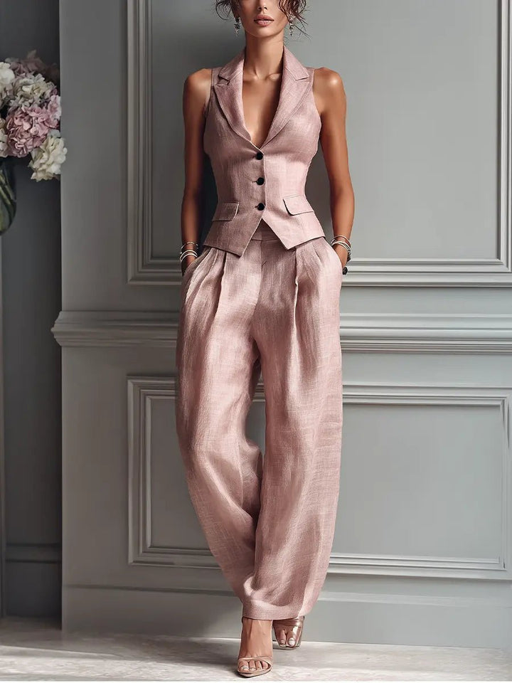 Women's Pleated High-Waist Wide Leg Pants Lapel Vest Two-Piece Set - Light Pink