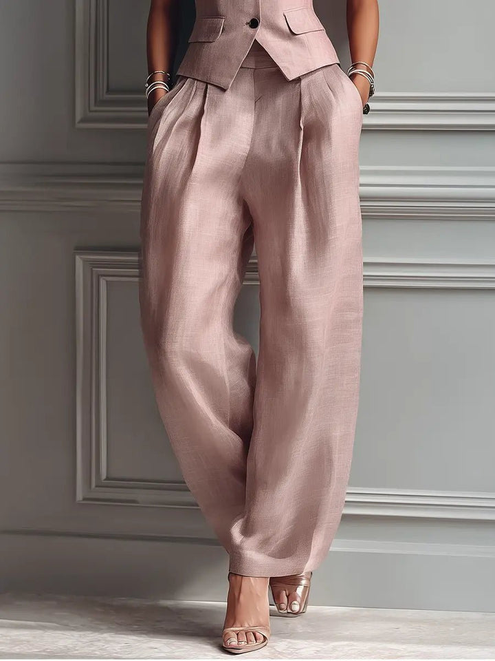 Women's Pleated High-Waist Wide Leg Pants Lapel Vest Two-Piece Set