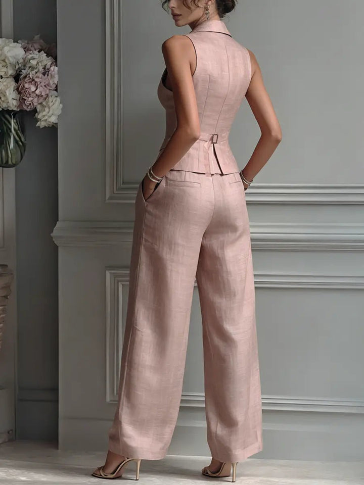 Women's Pleated High-Waist Wide Leg Pants Lapel Vest Two-Piece Set